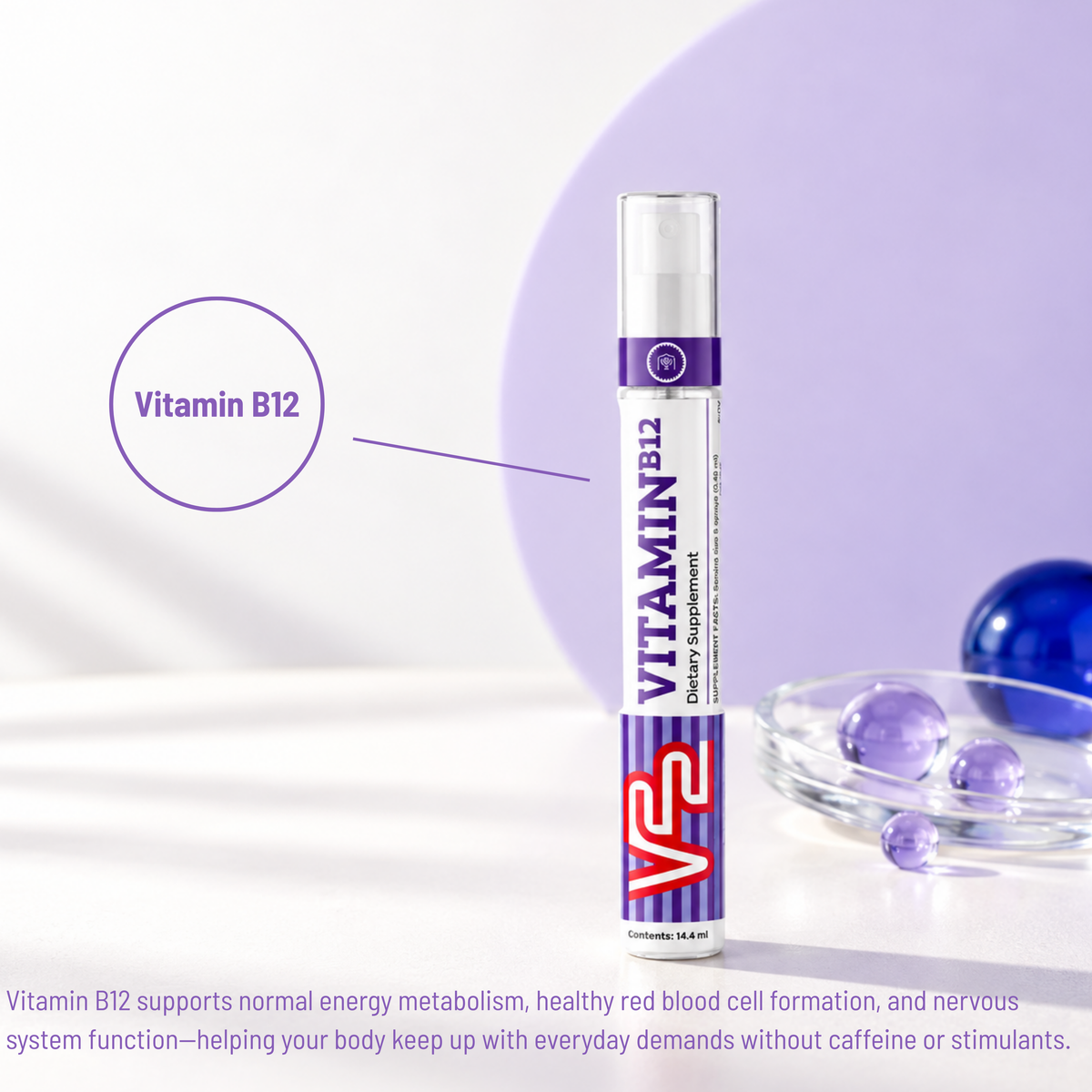V22 Vitamin B12 spray with ingredient callouts