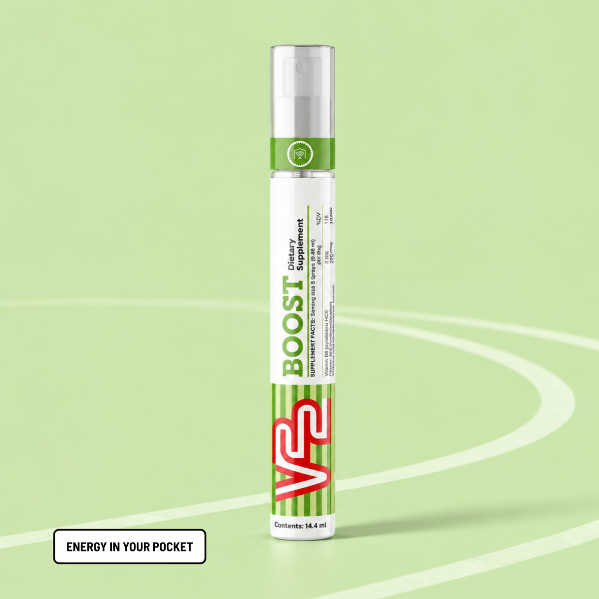 V22 Boost dietary supplement spray bottle with the tagline Energy in your pocket