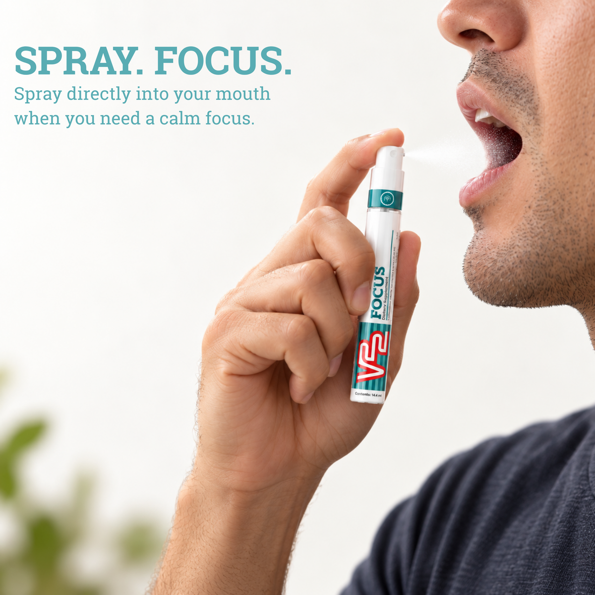 Man spraying V22 Focus directly into his mouth: Spray. Focus.