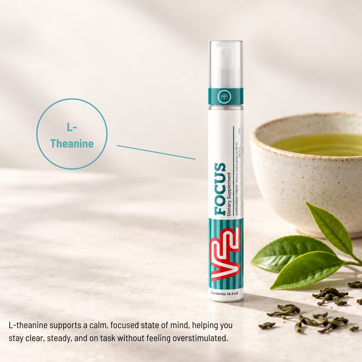 V22 Focus spray with an L-theanine callout beside a cup of green tea