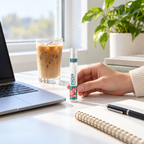Hand holding V22 Focus spray on a desk next to a laptop and iced coffee