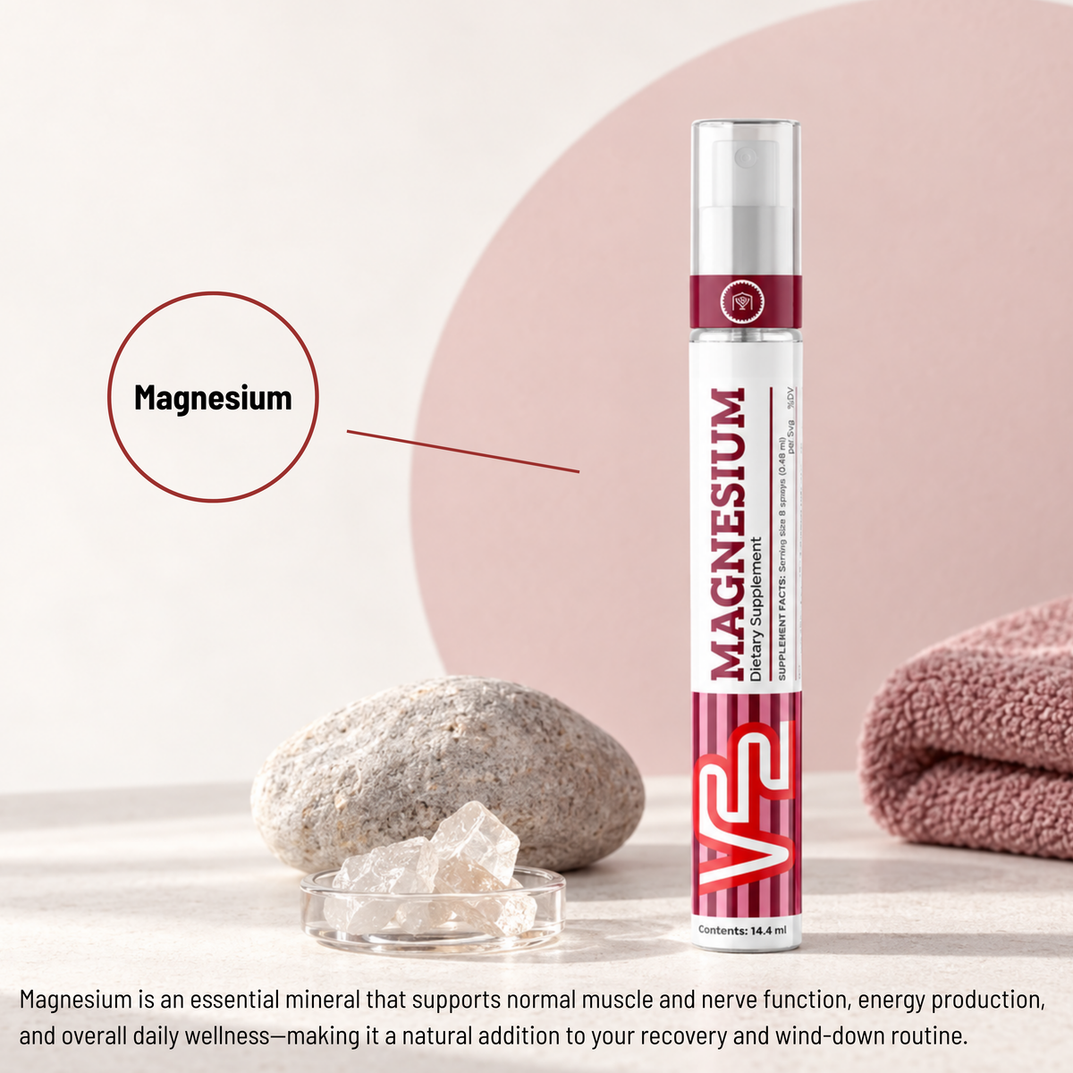 V22 Magnesium spray with a magnesium callout beside a stone and a towel
