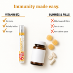 Comparison graphic: V22 Vitamin C + Zinc spray versus gummies and pills, no mixing, no bulky bottles, no sugar